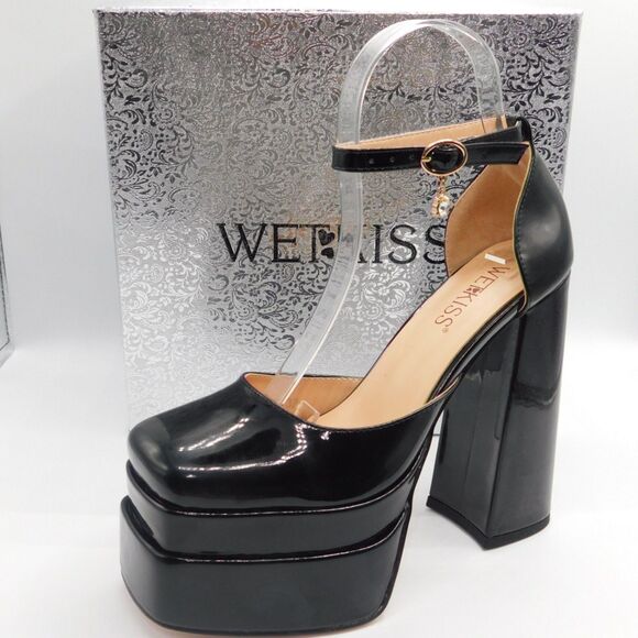 Wetkiss Black Patent Chunky Platform Heels Size 7 - Picture 1 of 9